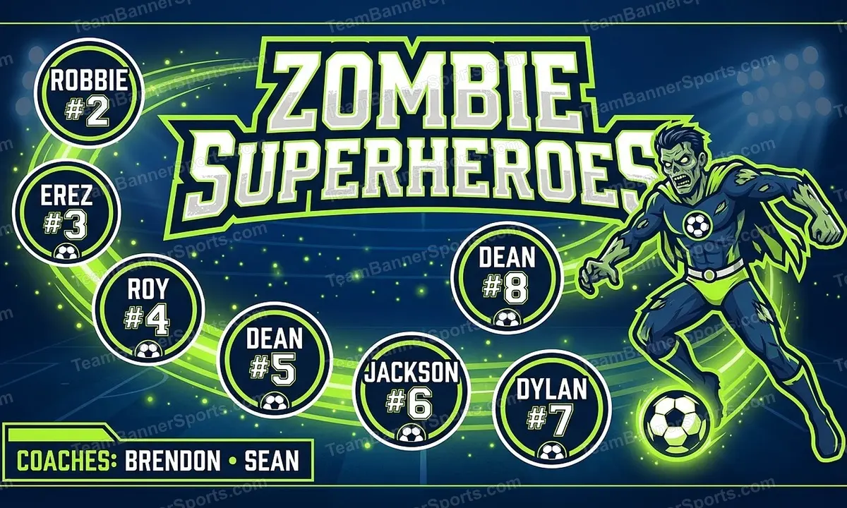 Zombie Superheroes soccer team banner created with AI