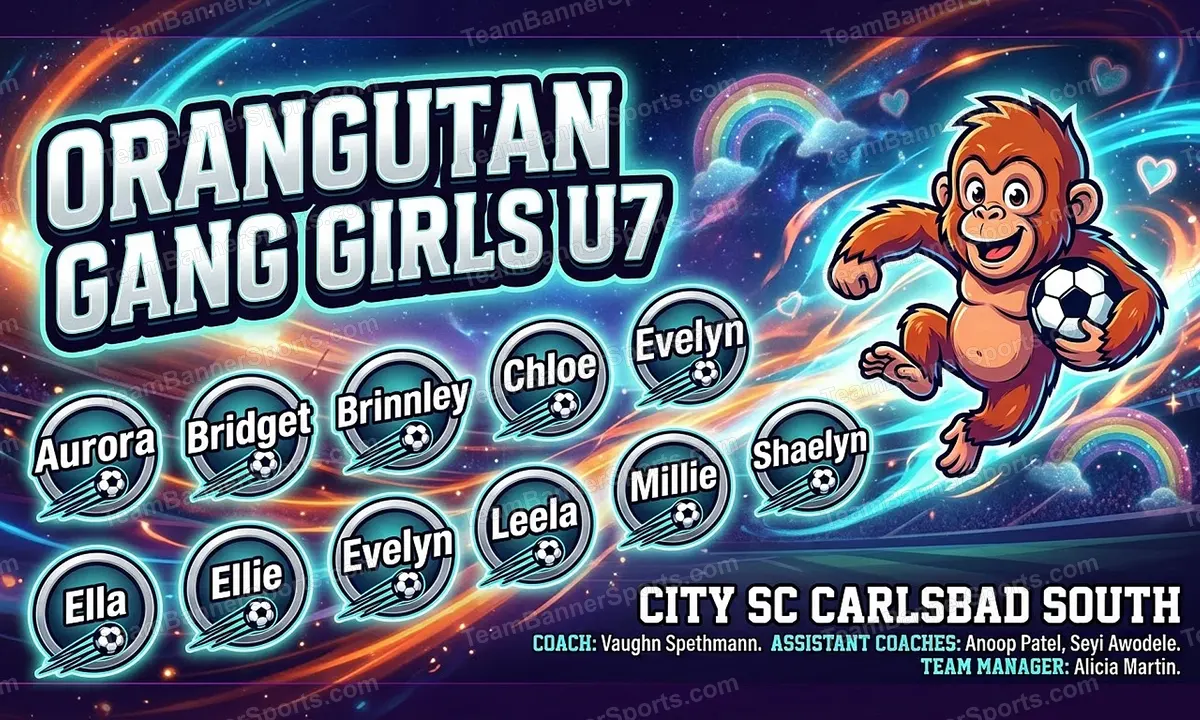 Orangutan Gang Girls U7 soccer team banner created with AI