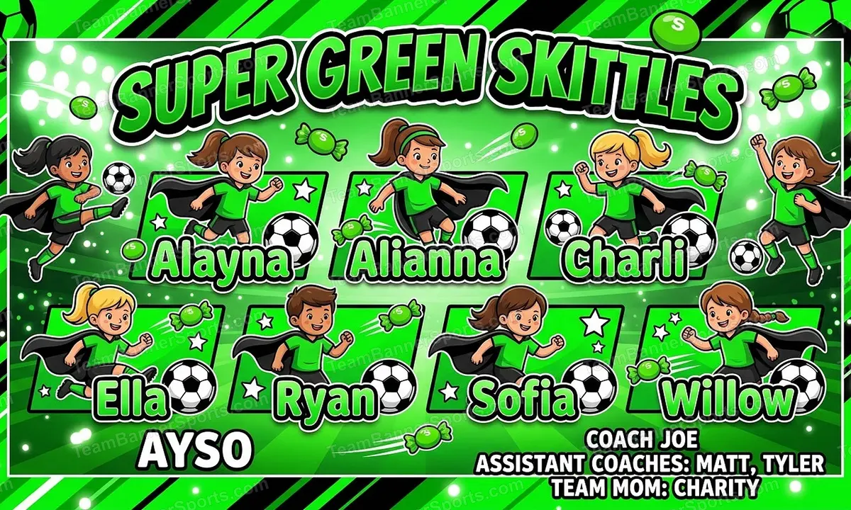 Super Green Skittles soccer team banner created with AI