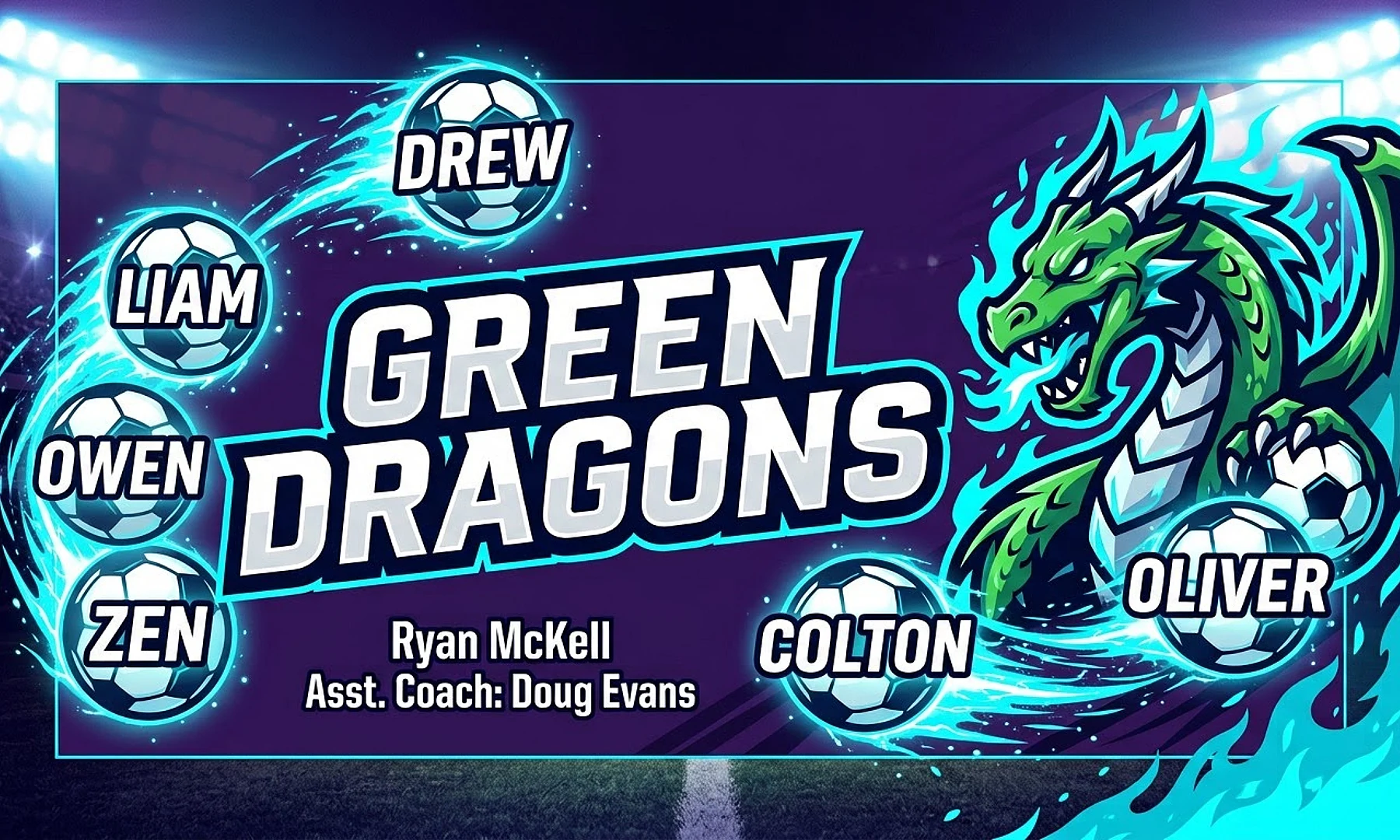 GREEN DRAGONS soccer team banner created with AI