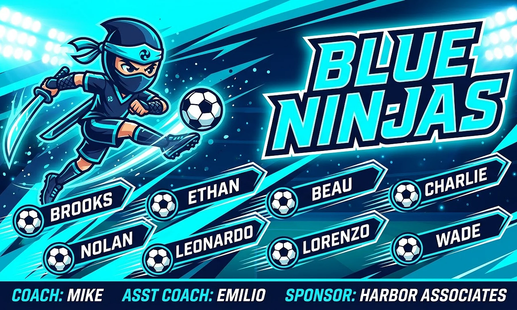Blue Ninjas soccer team banner created with AI