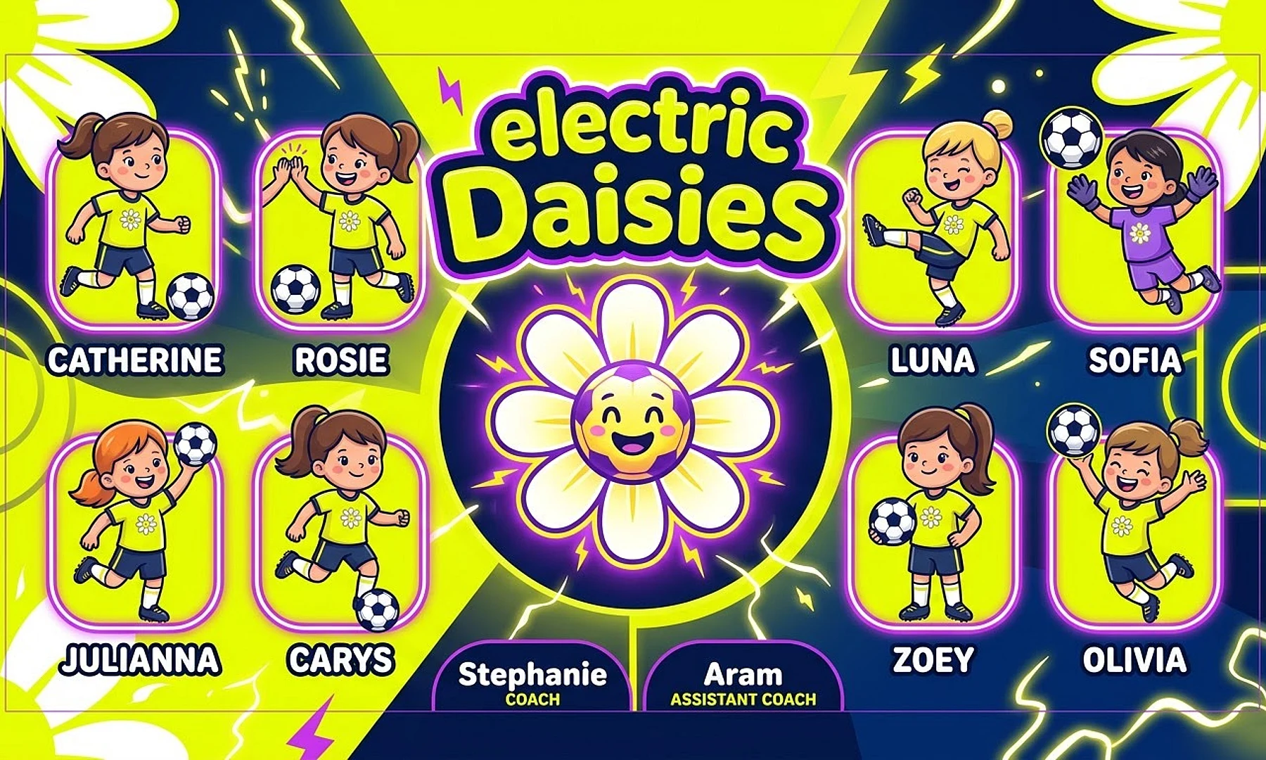 electric Daisies soccer team banner created with AI