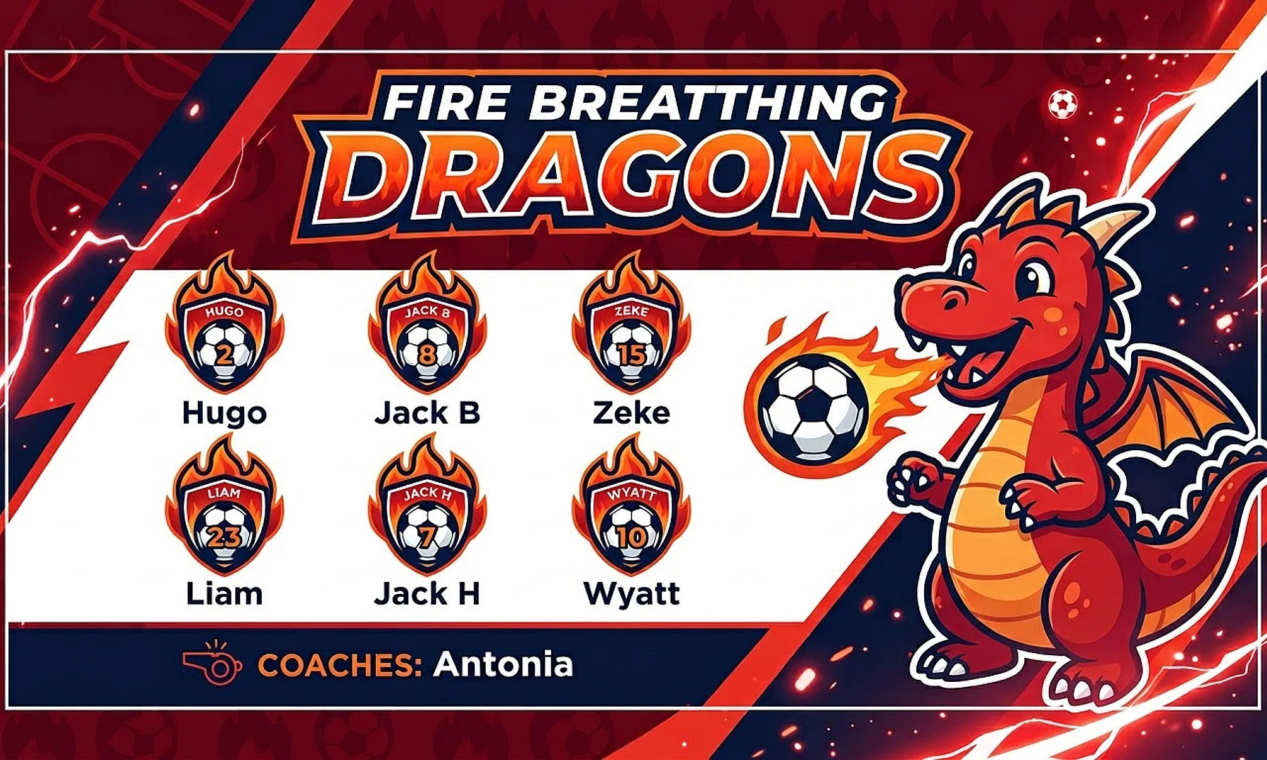Fire breathing dragons soccer team banner created with AI