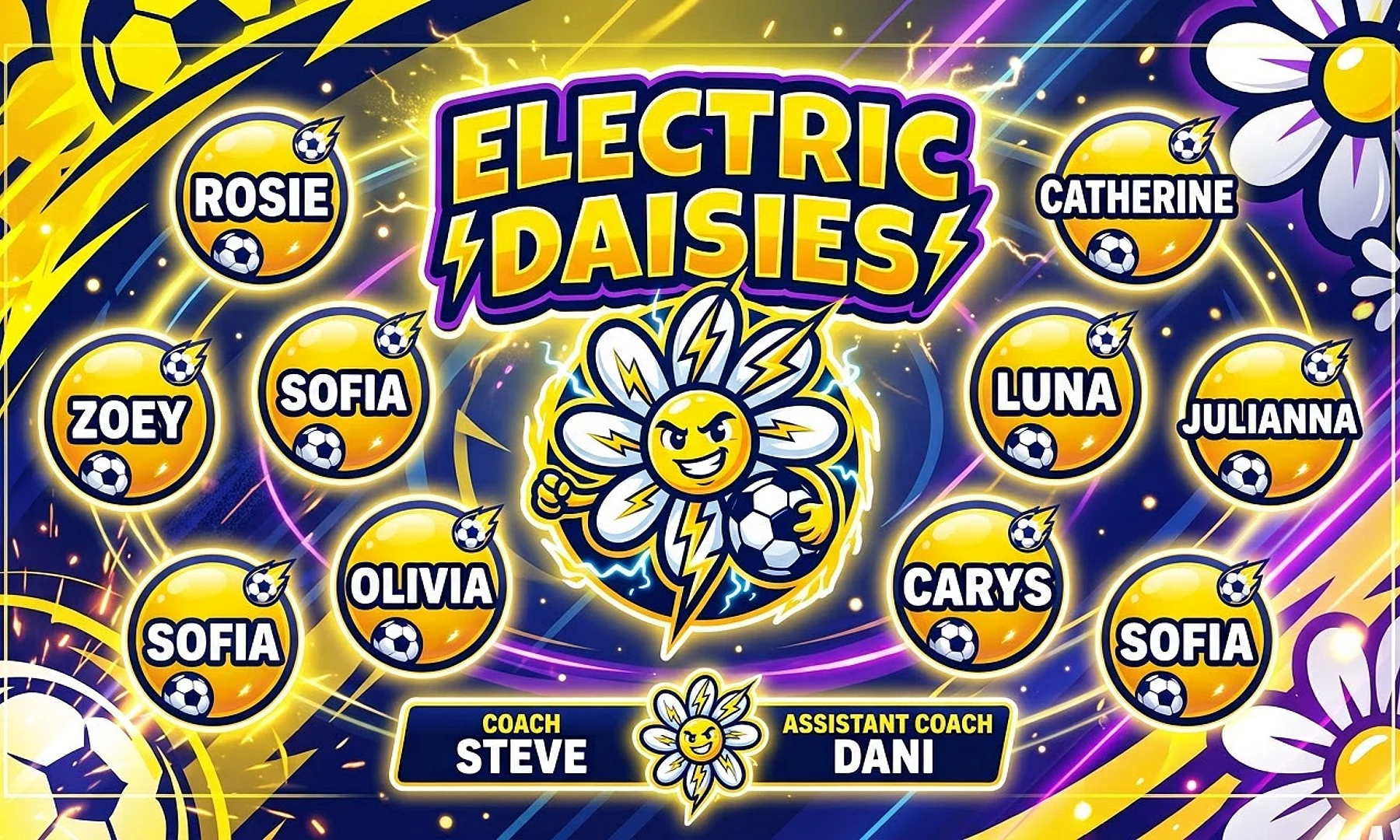 Electric Daisies soccer team banner created with AI