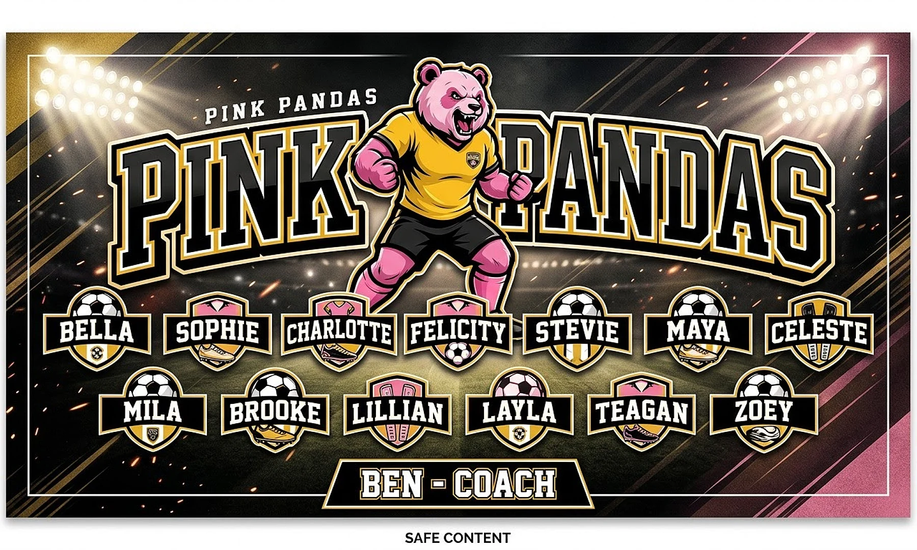 Pink Pandas soccer team banner created with AI