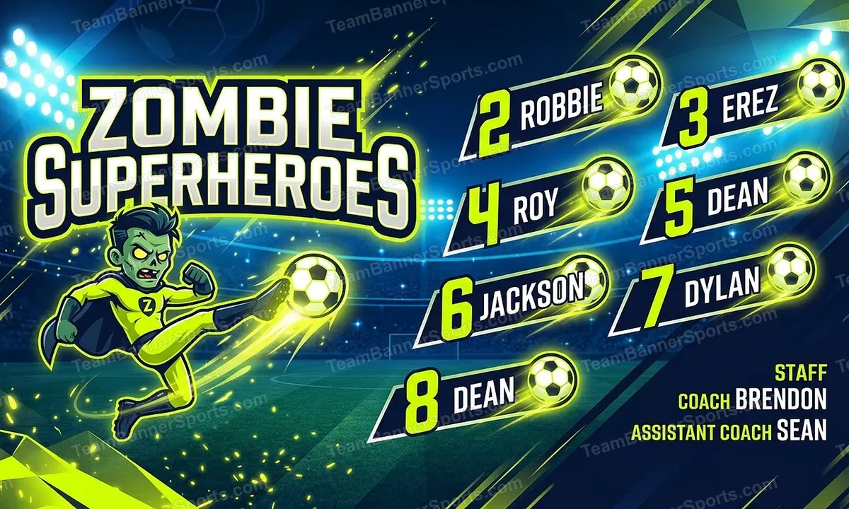 Zombie Superheroes soccer team banner created with AI