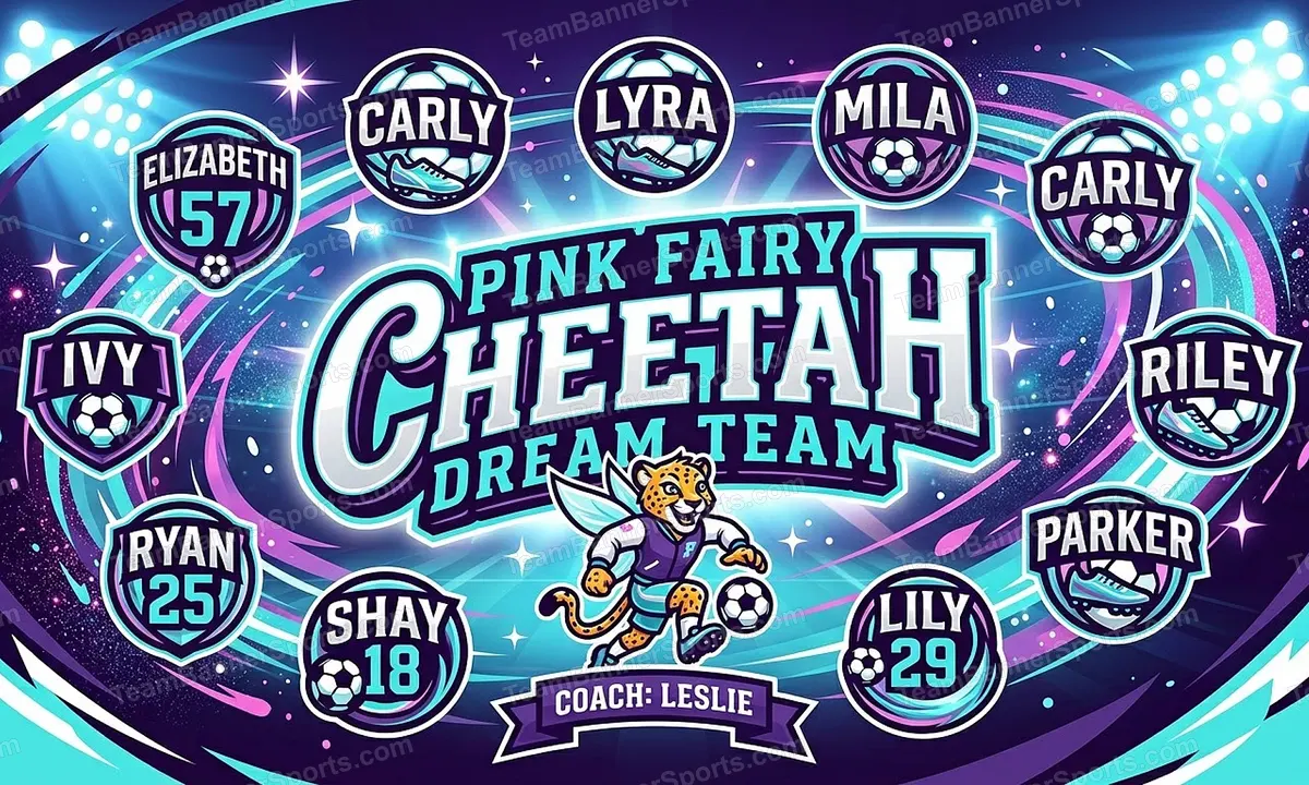 Pink Fairy Cheetah Dream Team soccer team banner created with AI