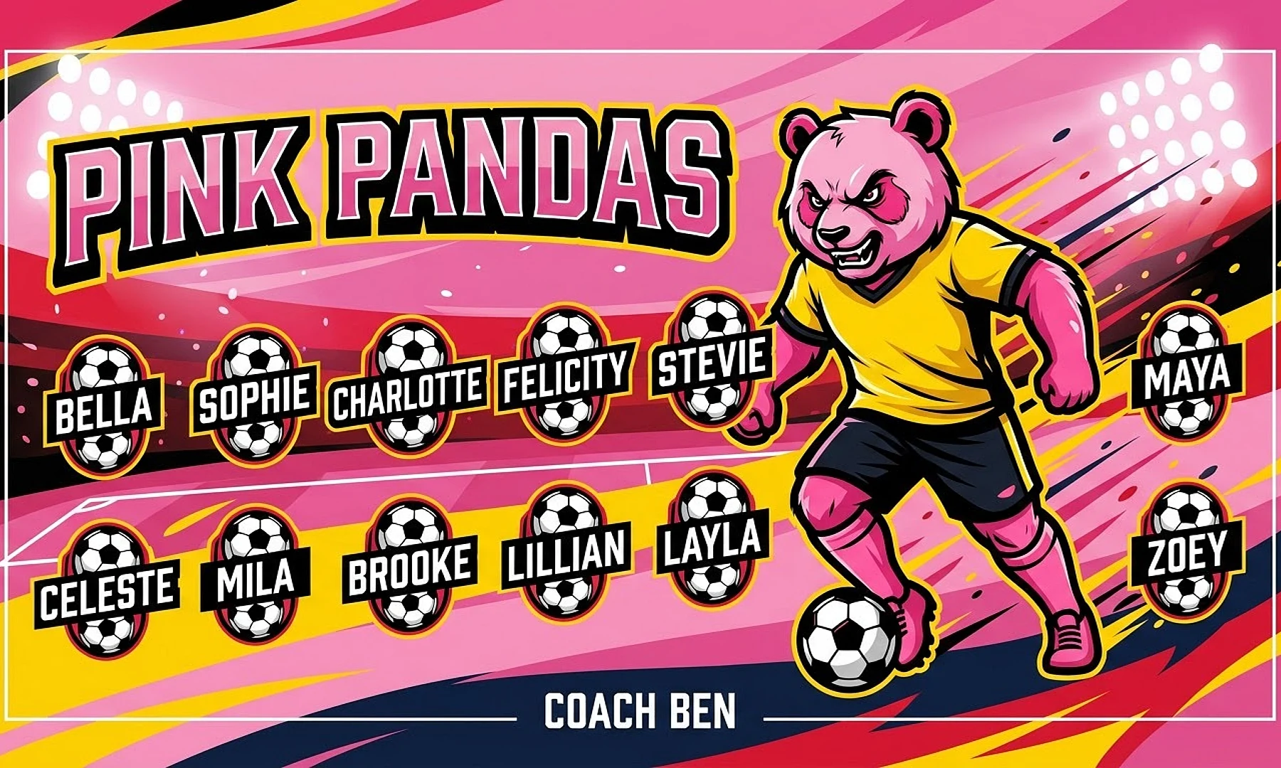 Pink Pandas soccer team banner created with AI