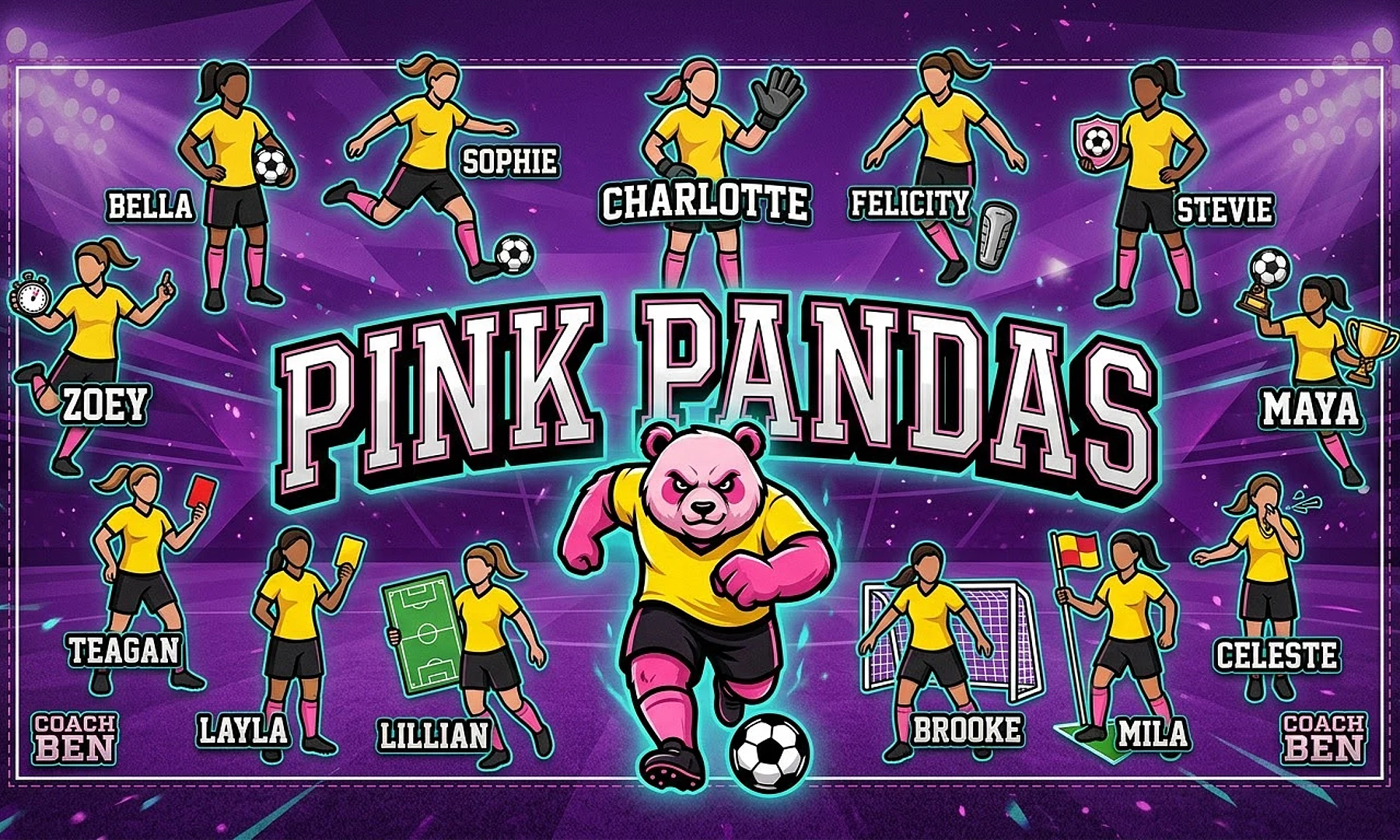 Pink Pandas soccer team banner created with AI
