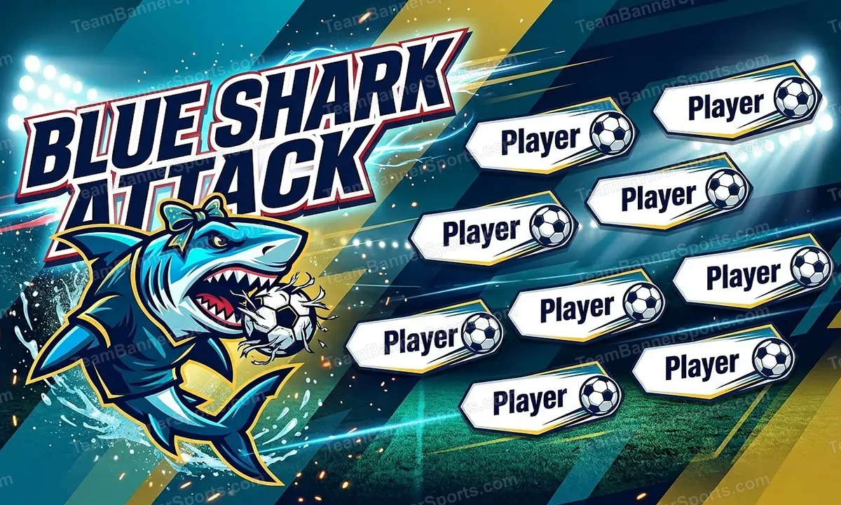 Blue Shark Attack soccer team banner created with AI