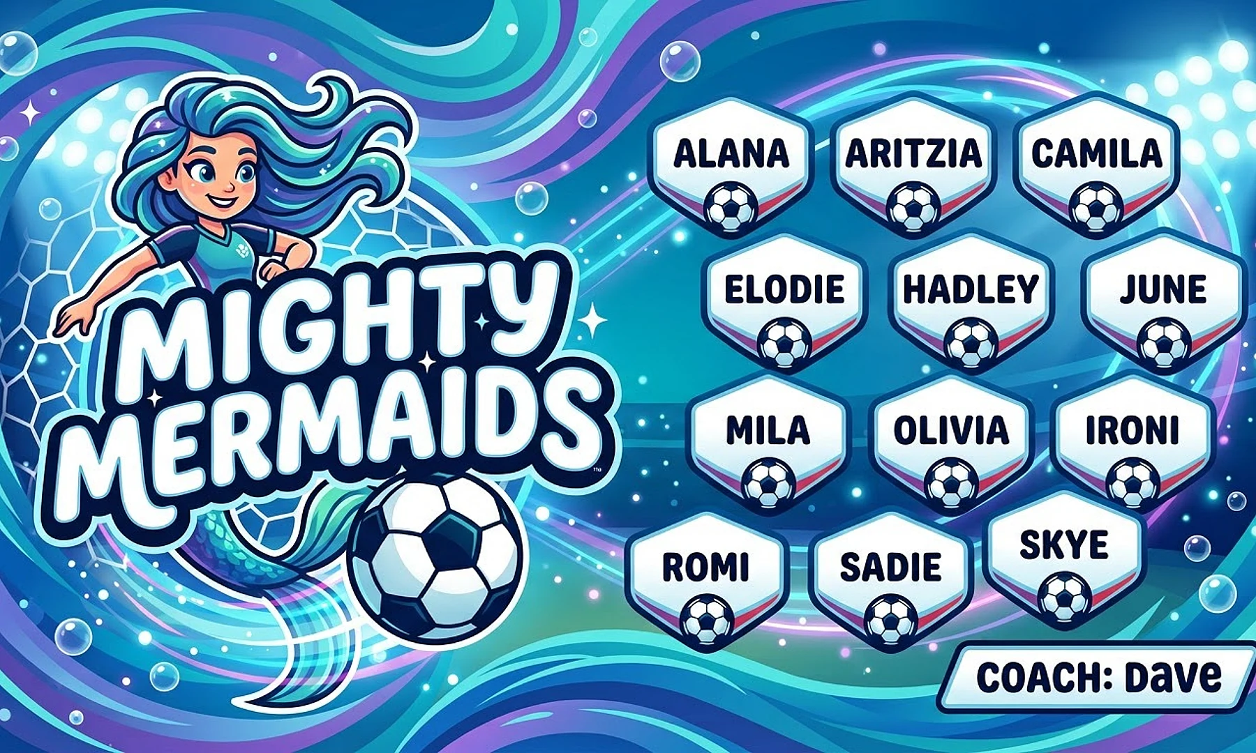 Mighty Mermaids soccer team banner created with AI