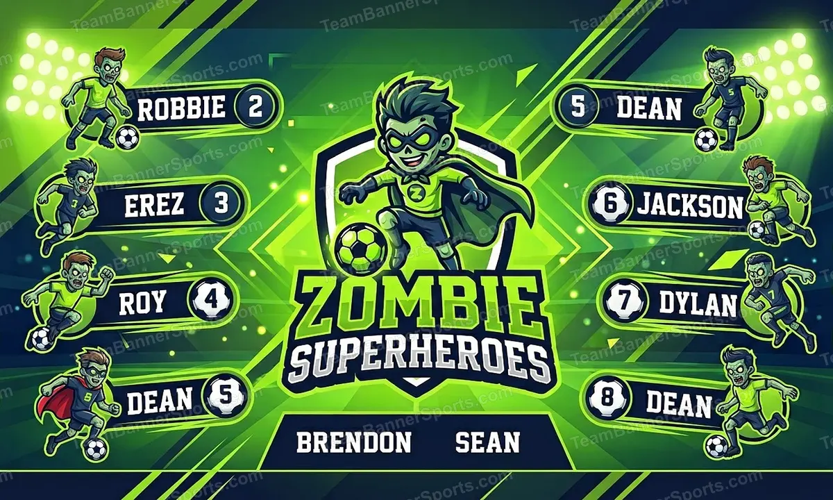 Zombie Superheroes soccer team banner created with AI