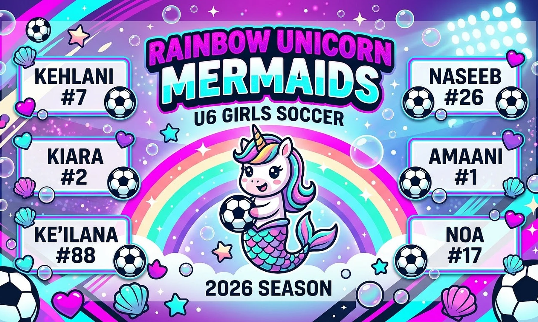 Rainbow Unicorn Mermaids soccer team banner created with AI