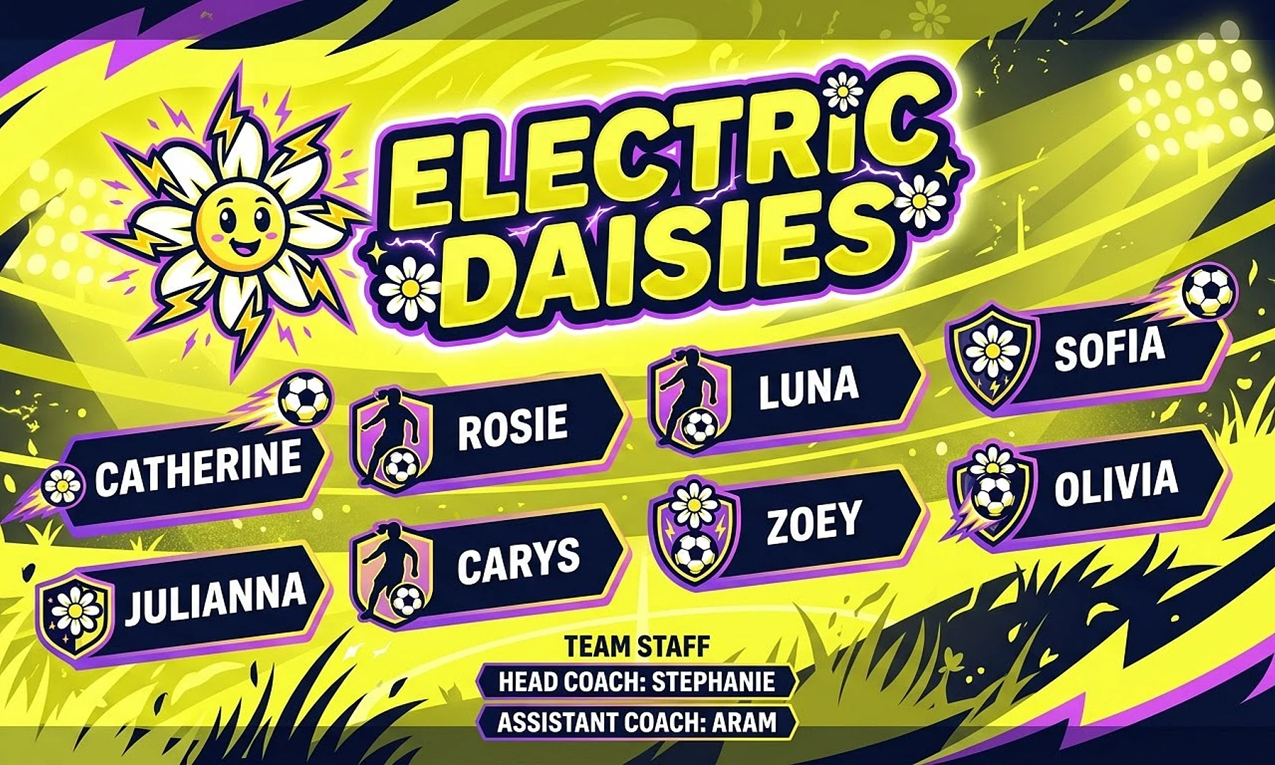 electric Daisies soccer team banner created with AI