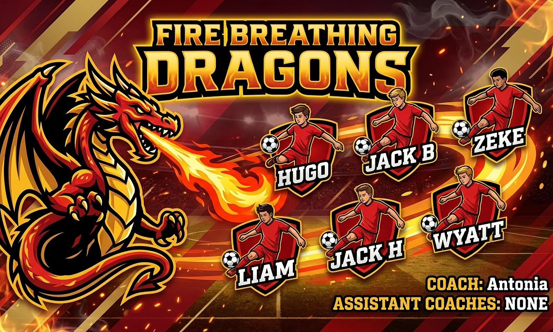 Fire breathing dragons soccer team banner created with AI