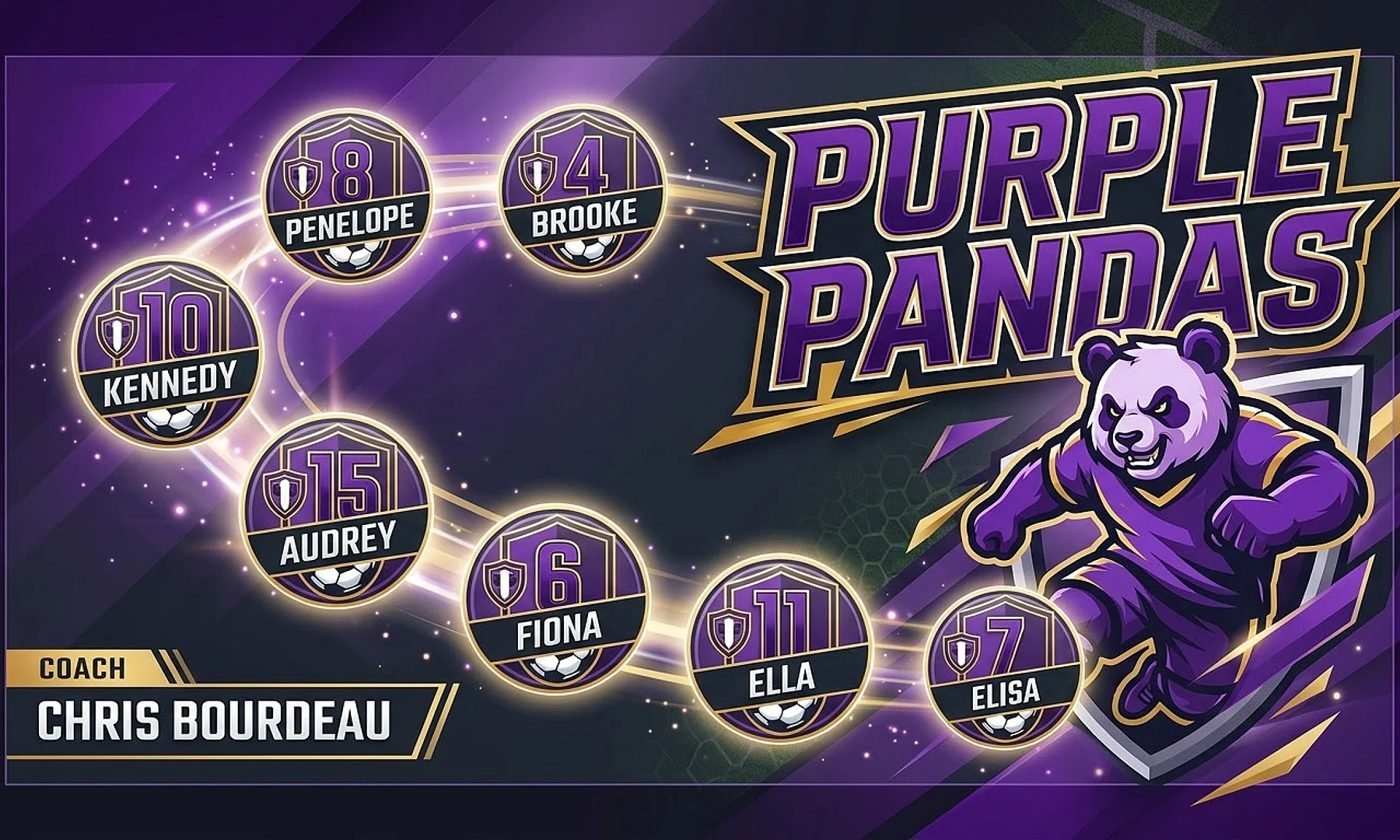 Purple pandas soccer team banner created with AI