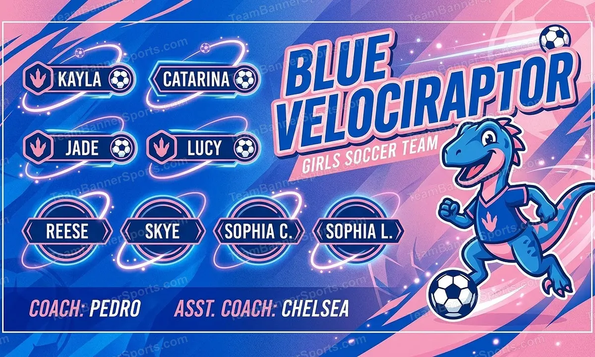 Blue Velociraptor soccer team banner created with AI