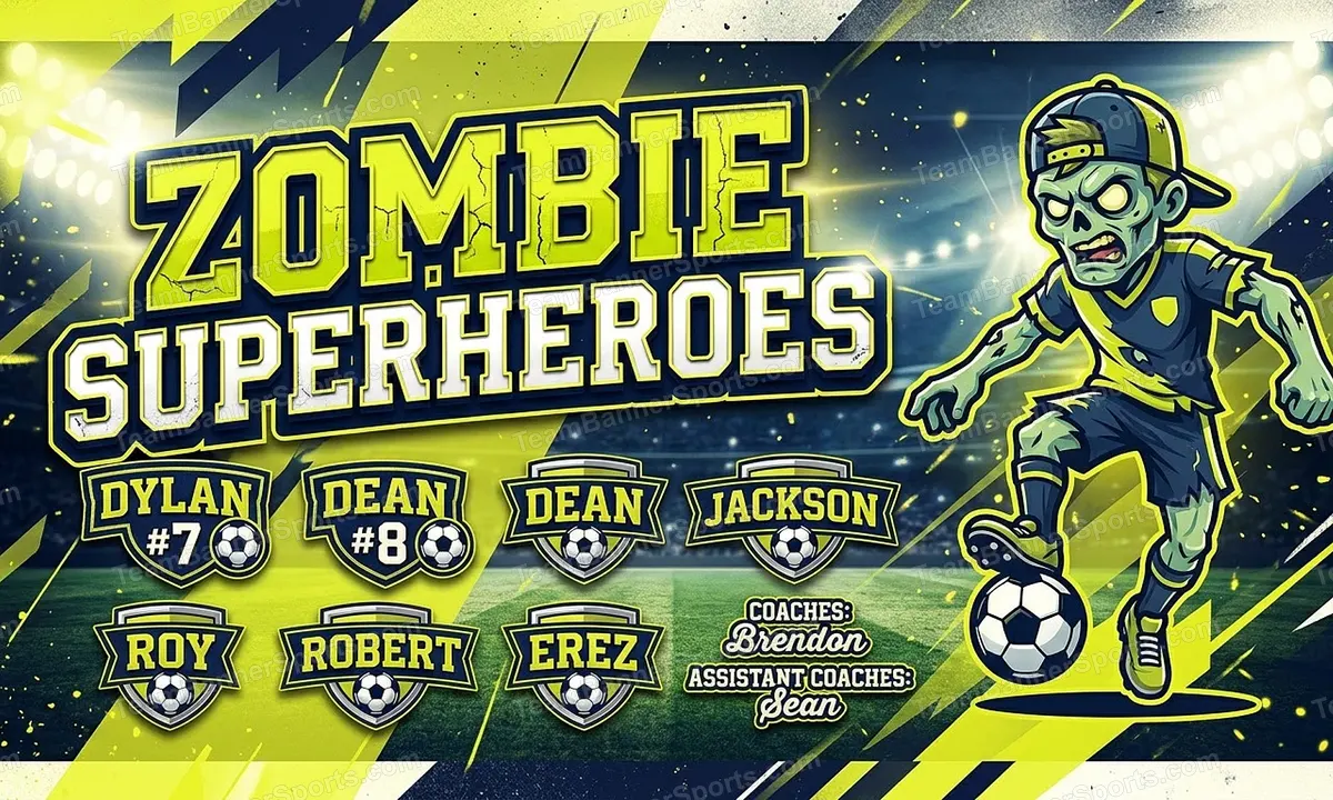 Zombie Superheroes soccer team banner created with AI