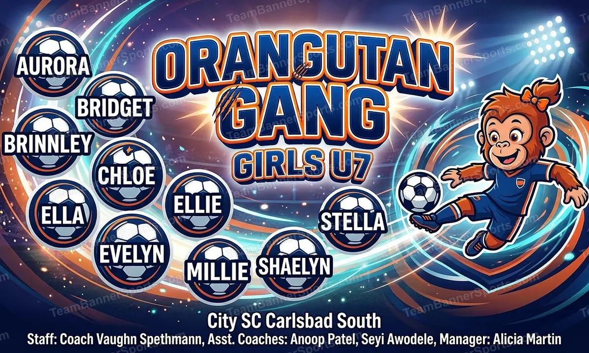 Orangutan Gang Girls U7 soccer team banner created with AI