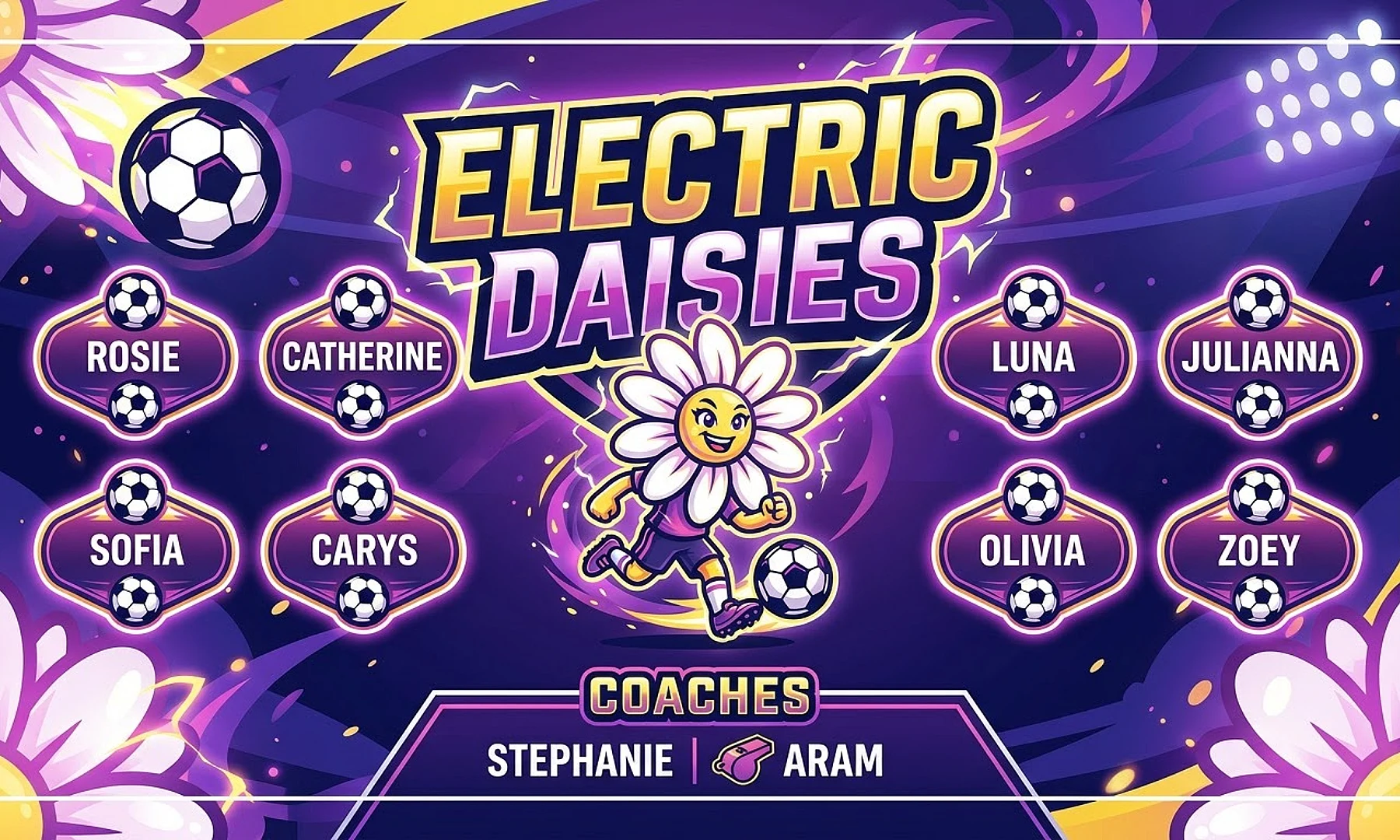 Electric Daisies soccer team banner created with AI