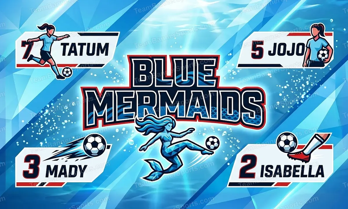 Blue mermaids soccer team banner created with AI