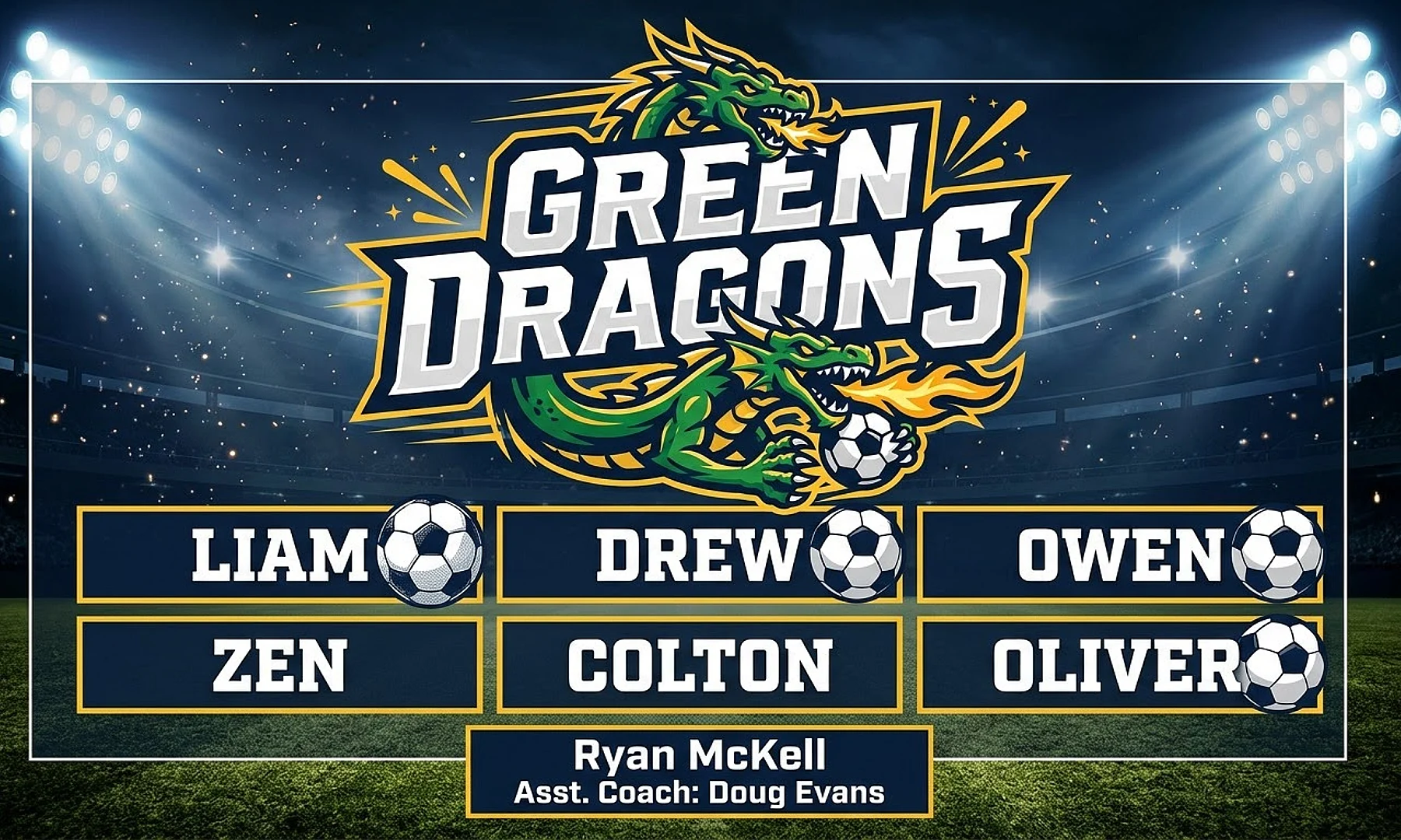 GREEN DRAGONS soccer team banner created with AI