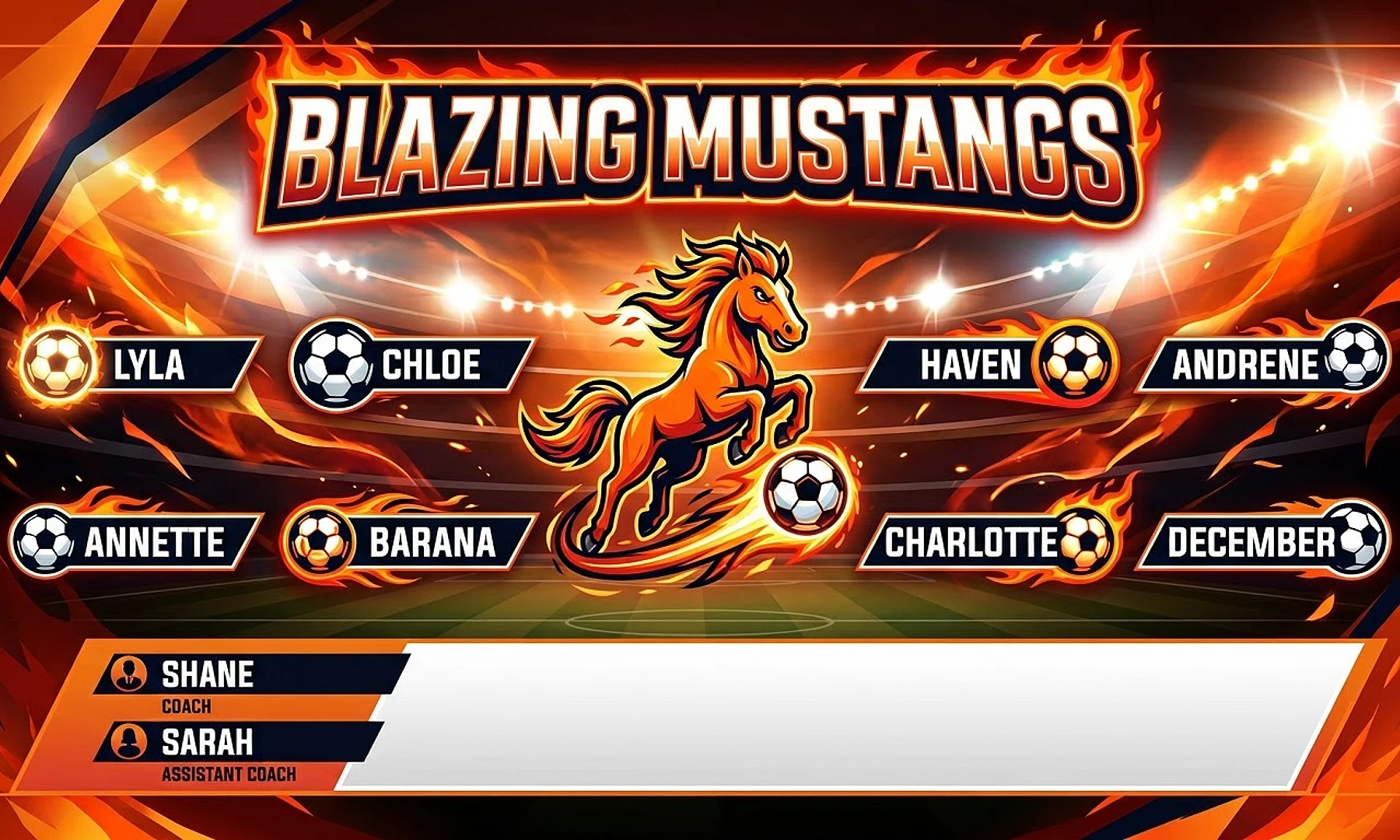 Blazing Mustangs soccer team banner created with AI