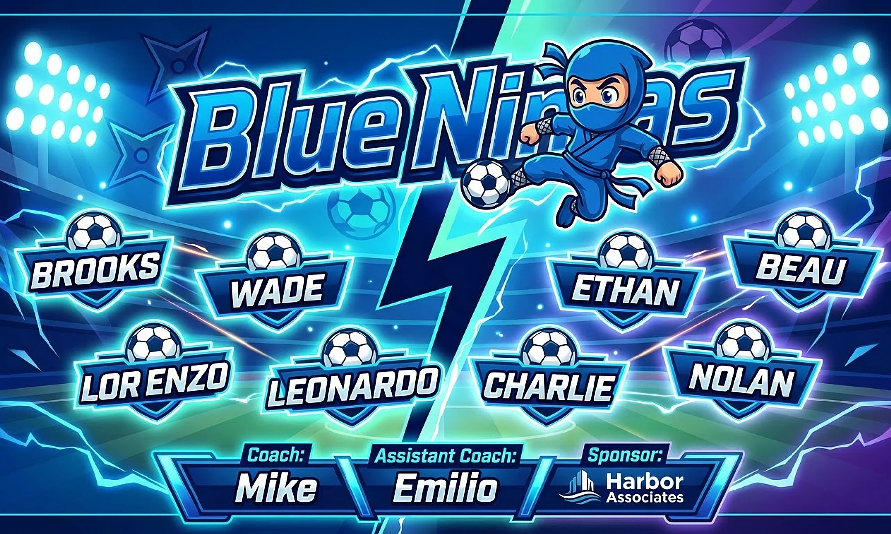 Blue Ninjas soccer team banner created with AI