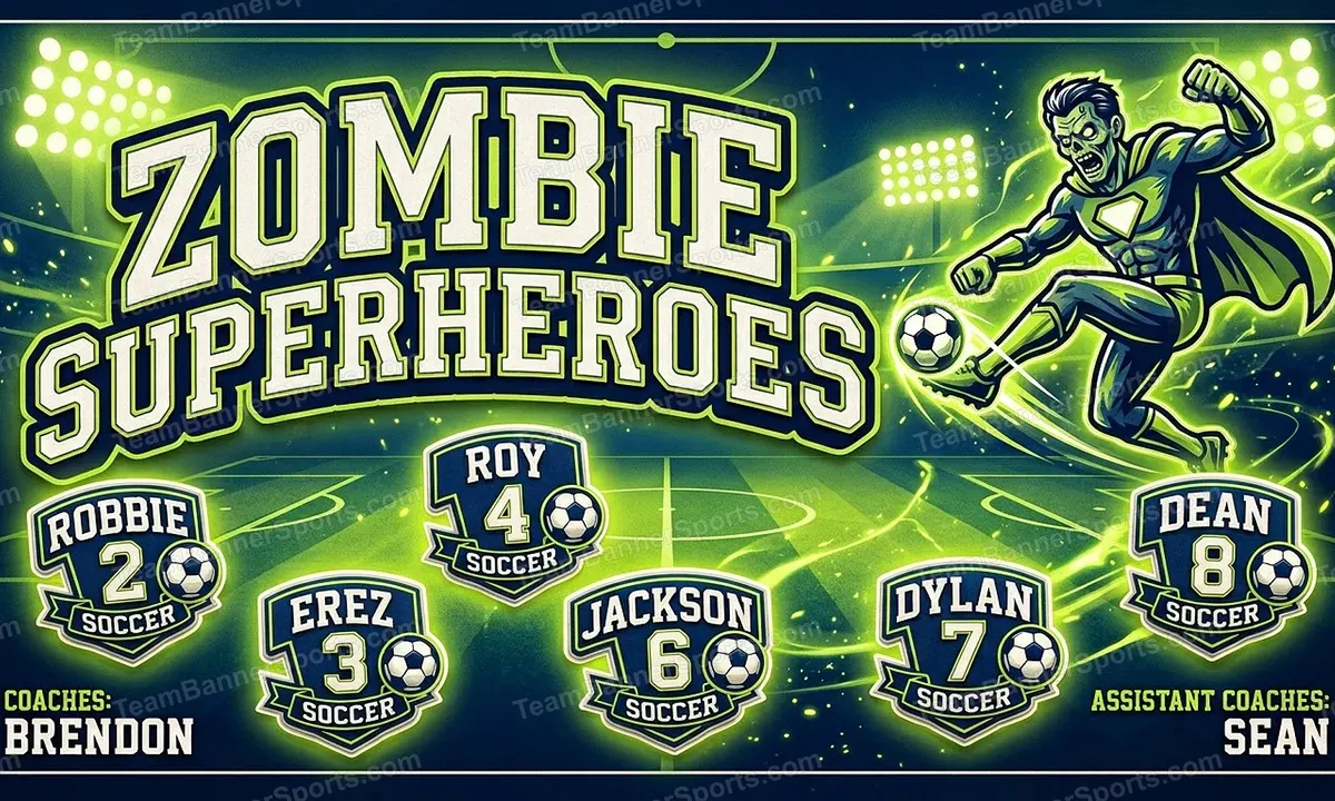 Zombie Superheroes soccer team banner created with AI