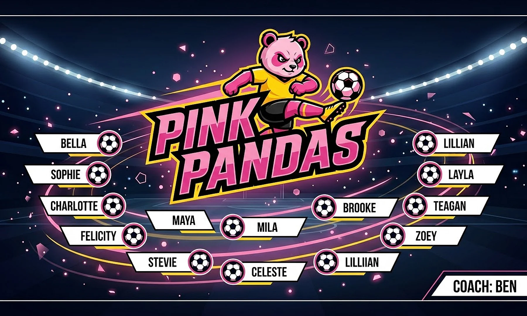 Pink Pandas soccer team banner created with AI