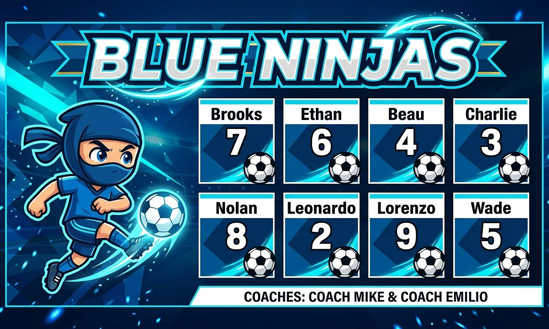 Blue Ninjas soccer team banner created with AI