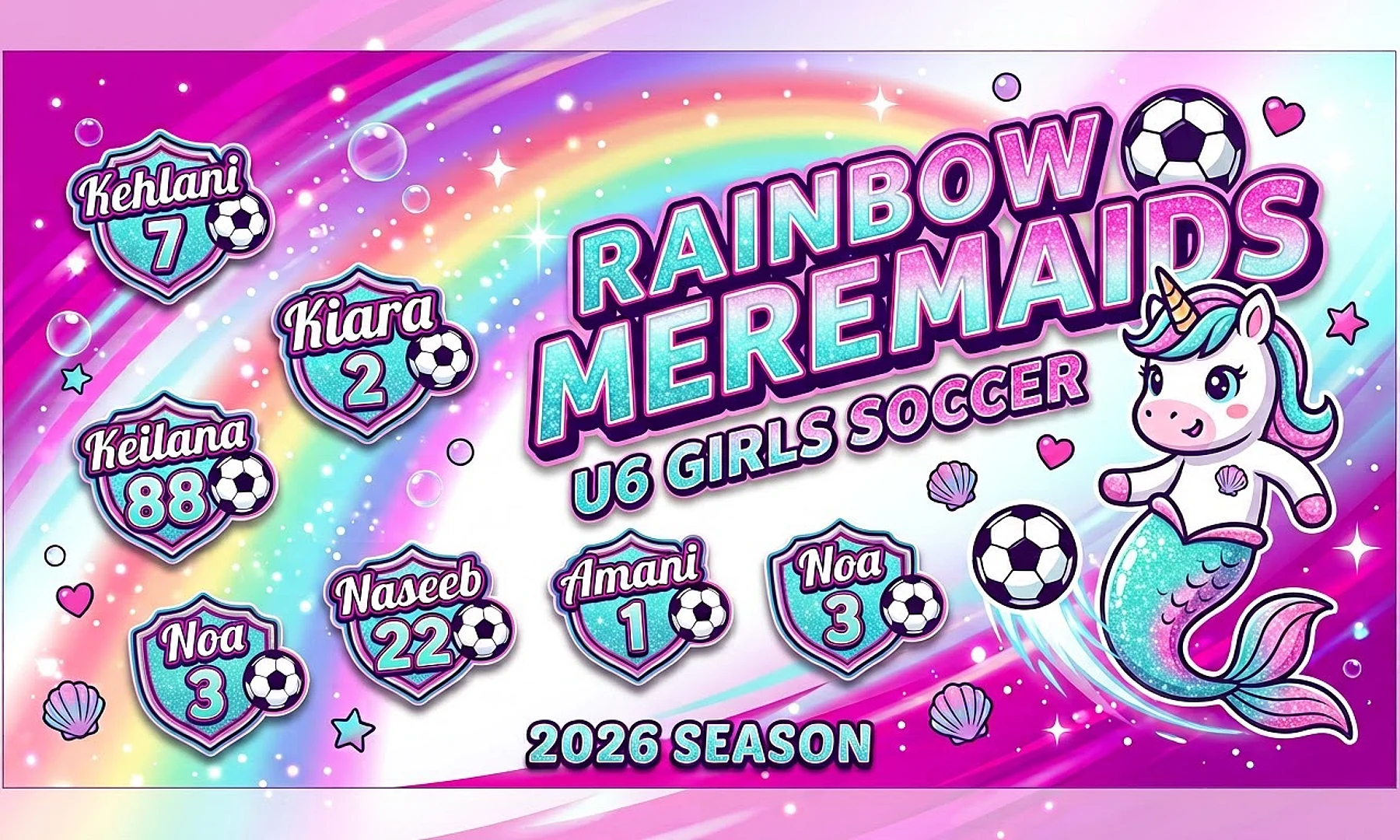 Rainbow Unicorn Mermaids soccer team banner created with AI