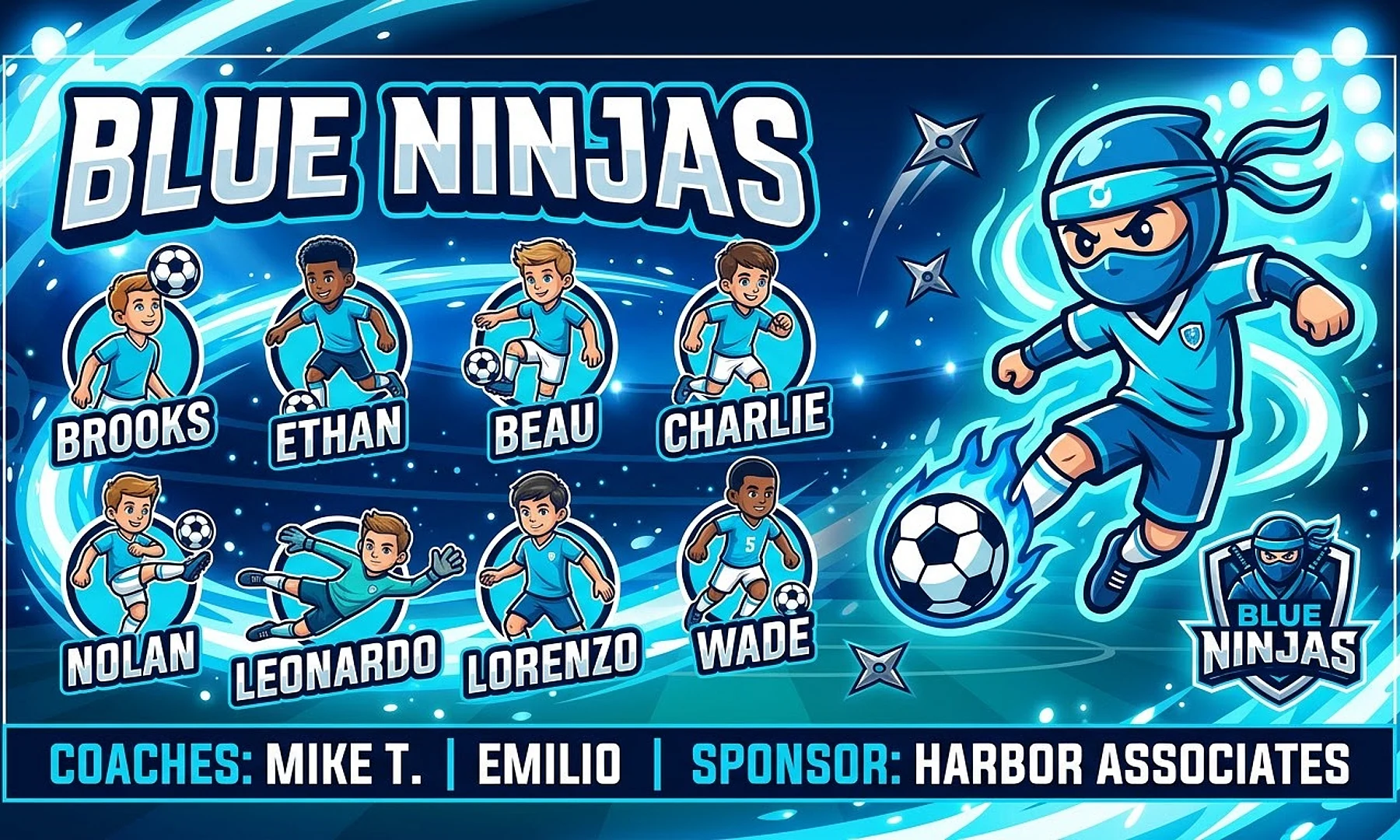Blue Ninjas soccer team banner created with AI