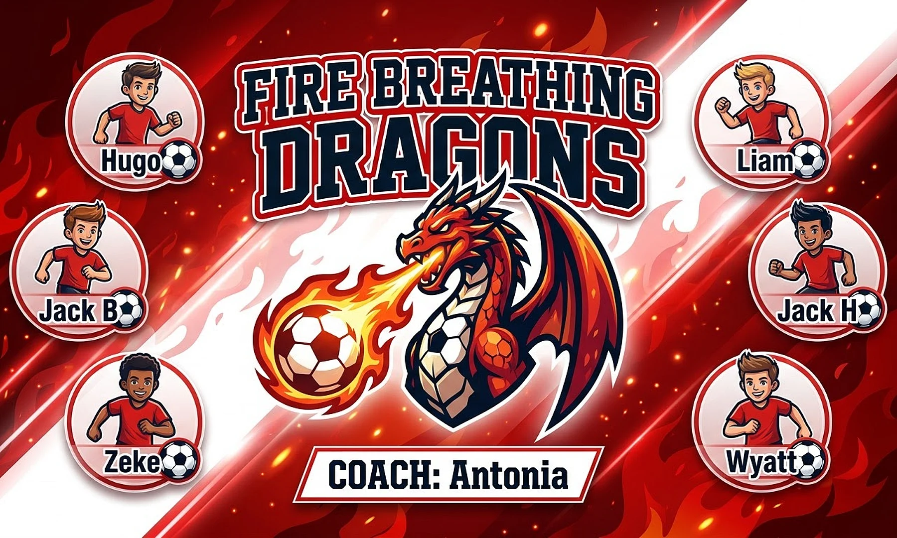 Fire breathing dragons soccer team banner created with AI