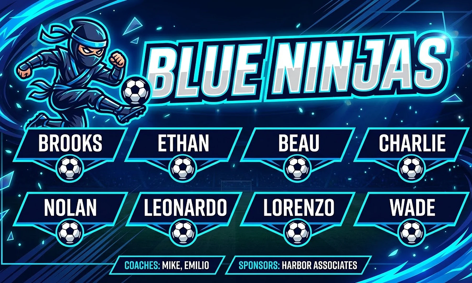 Blue Ninjas soccer team banner created with AI