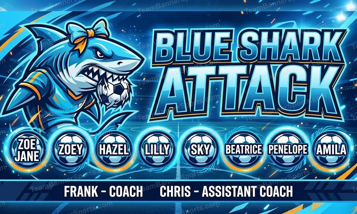 Blue Shark Attack soccer team banner created with AI