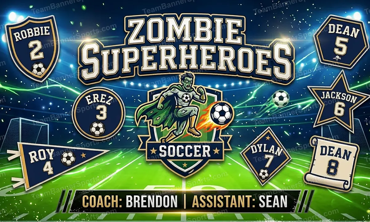 Zombie Superheroes soccer team banner created with AI