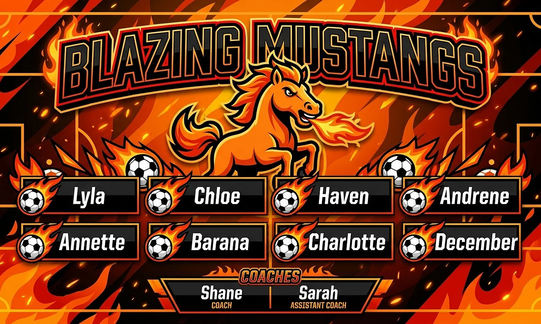 Blazing Mustangs soccer team banner created with AI