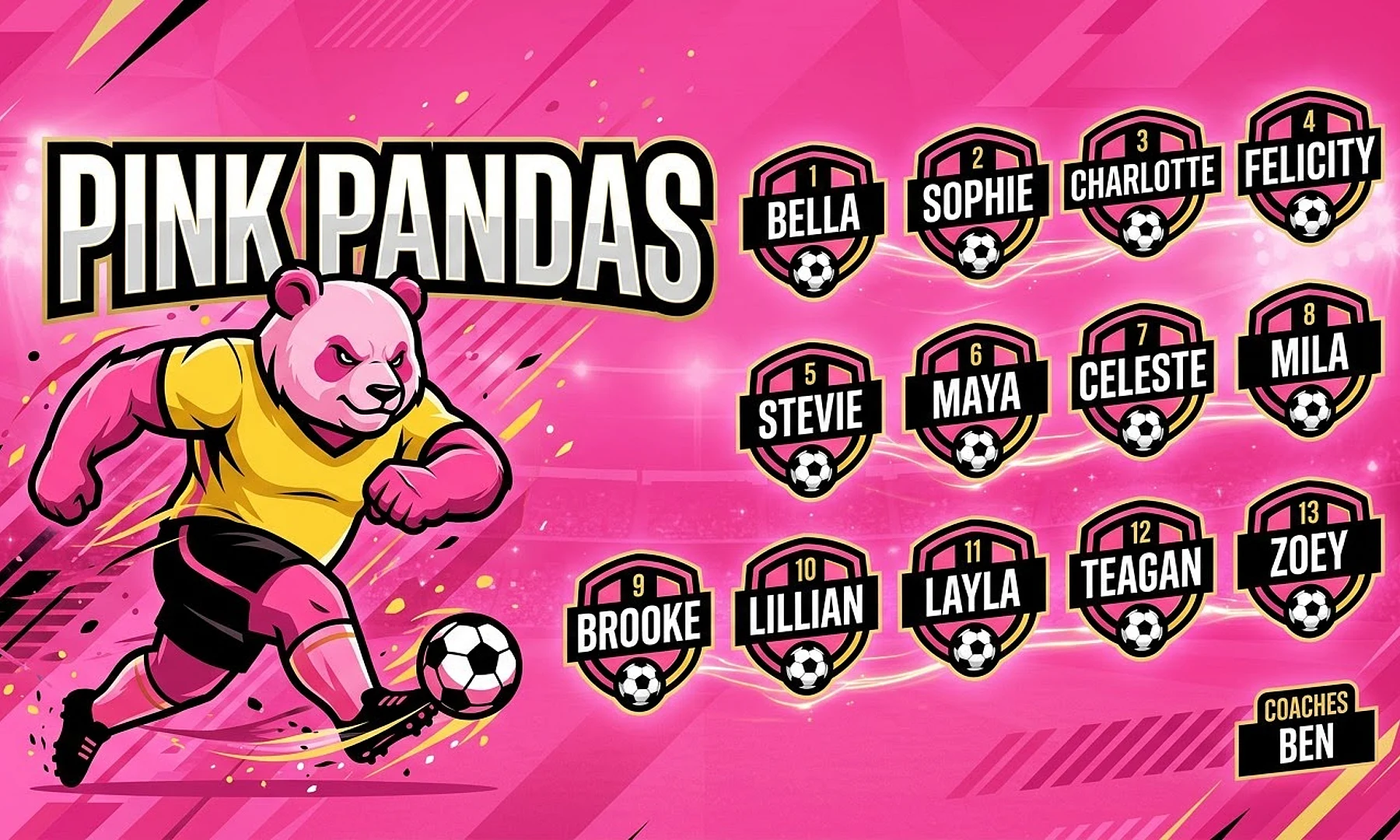 Pink Pandas soccer team banner created with AI
