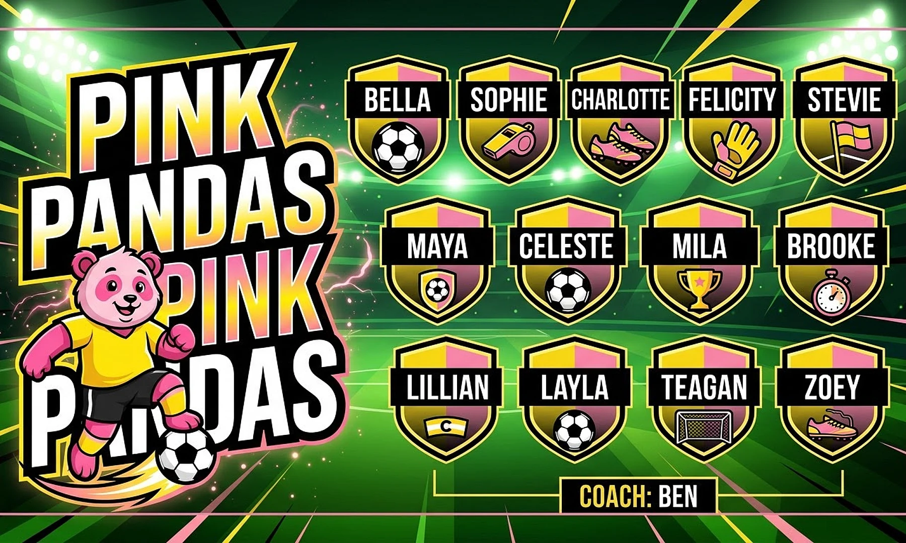 Pink Pandas soccer team banner created with AI