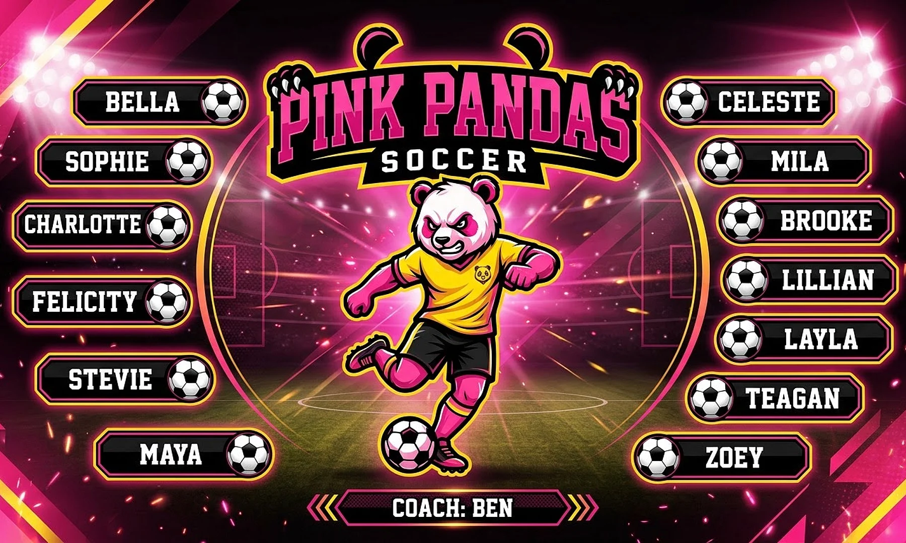 Pink Pandas soccer team banner created with AI