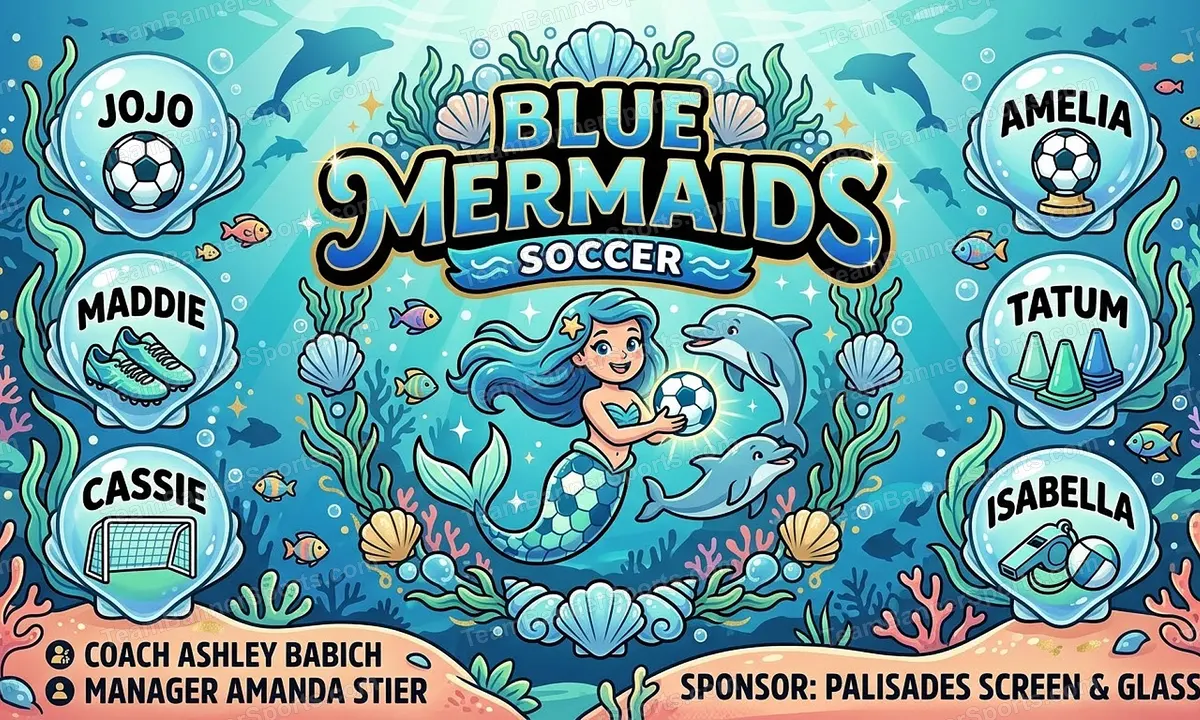 Blue Mermaids soccer team banner created with AI
