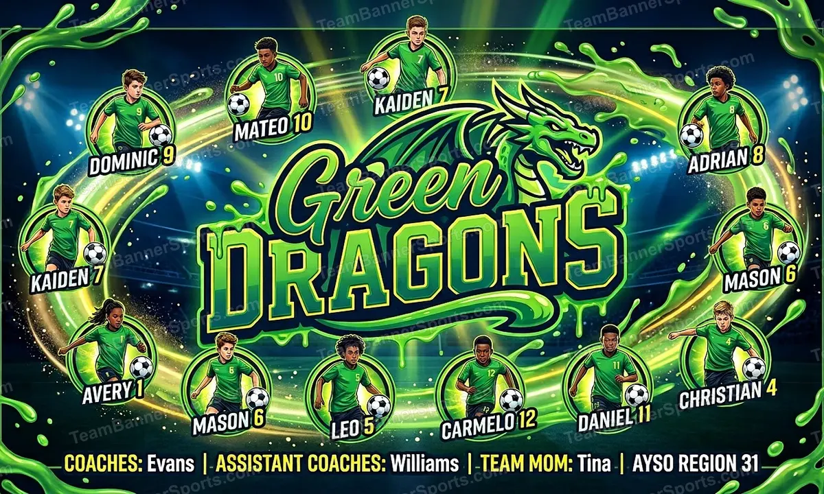 Green DRAGONS soccer team banner created with AI