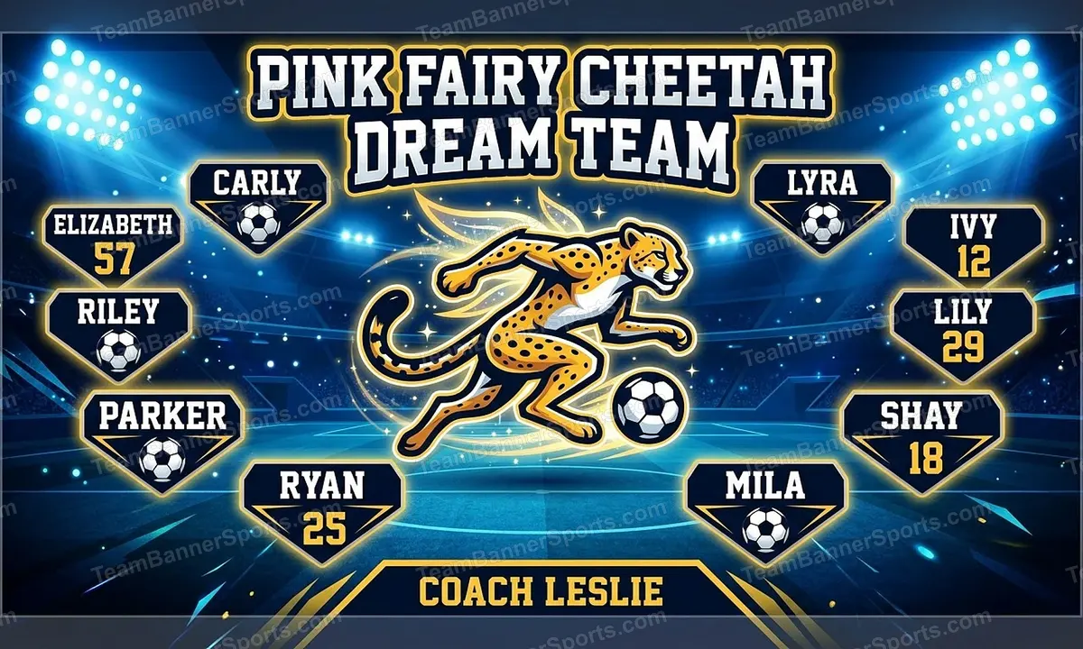 Pink Fairy Cheetah Dream Team soccer team banner created with AI