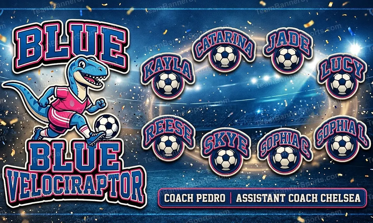 Blue Velociraptor soccer team banner created with AI