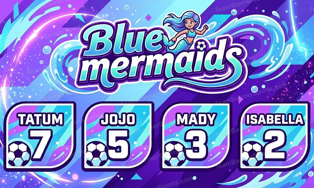 Blue mermaids soccer team banner created with AI