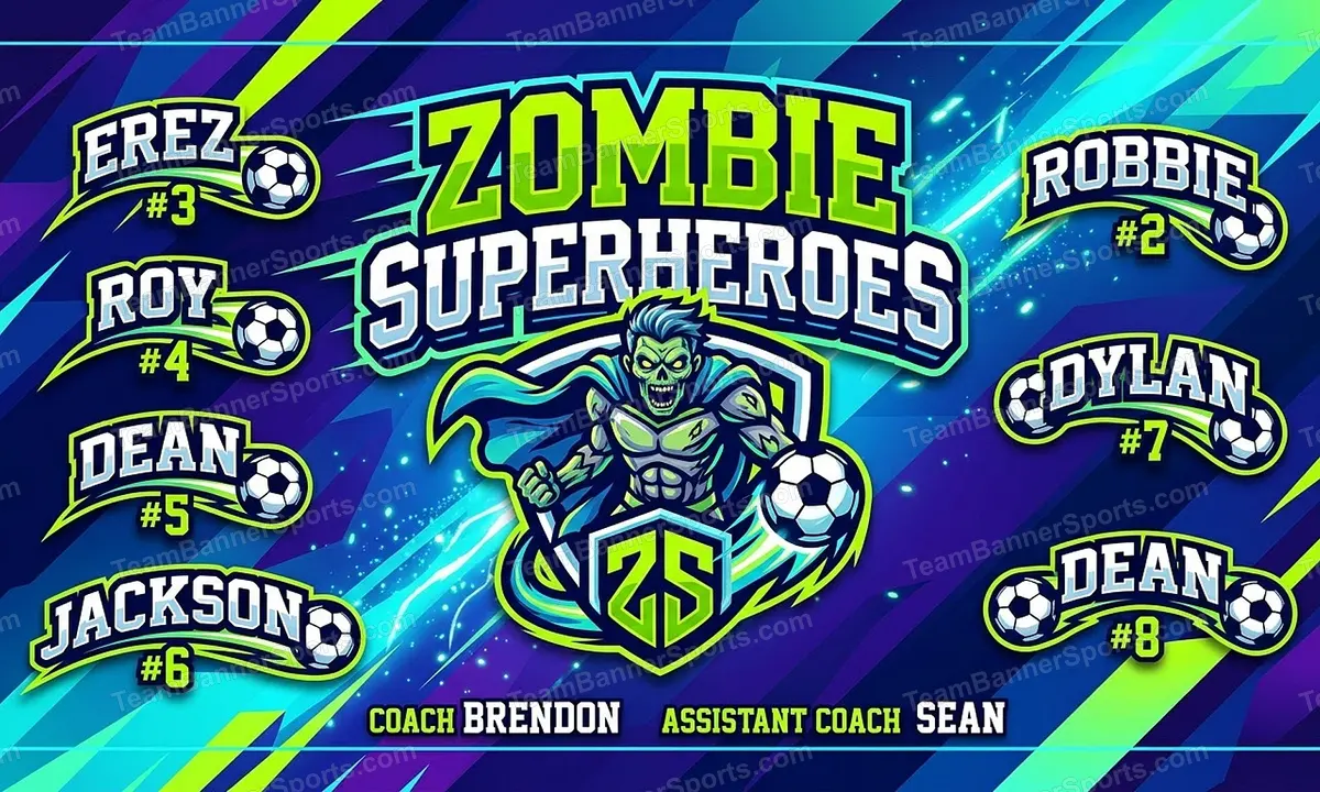 Zombie Superheroes soccer team banner created with AI