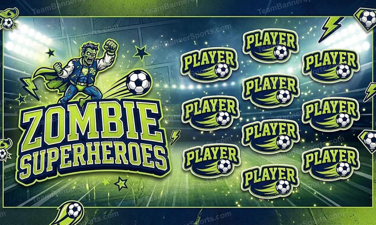 Zombie Superheroes soccer team banner created with AI