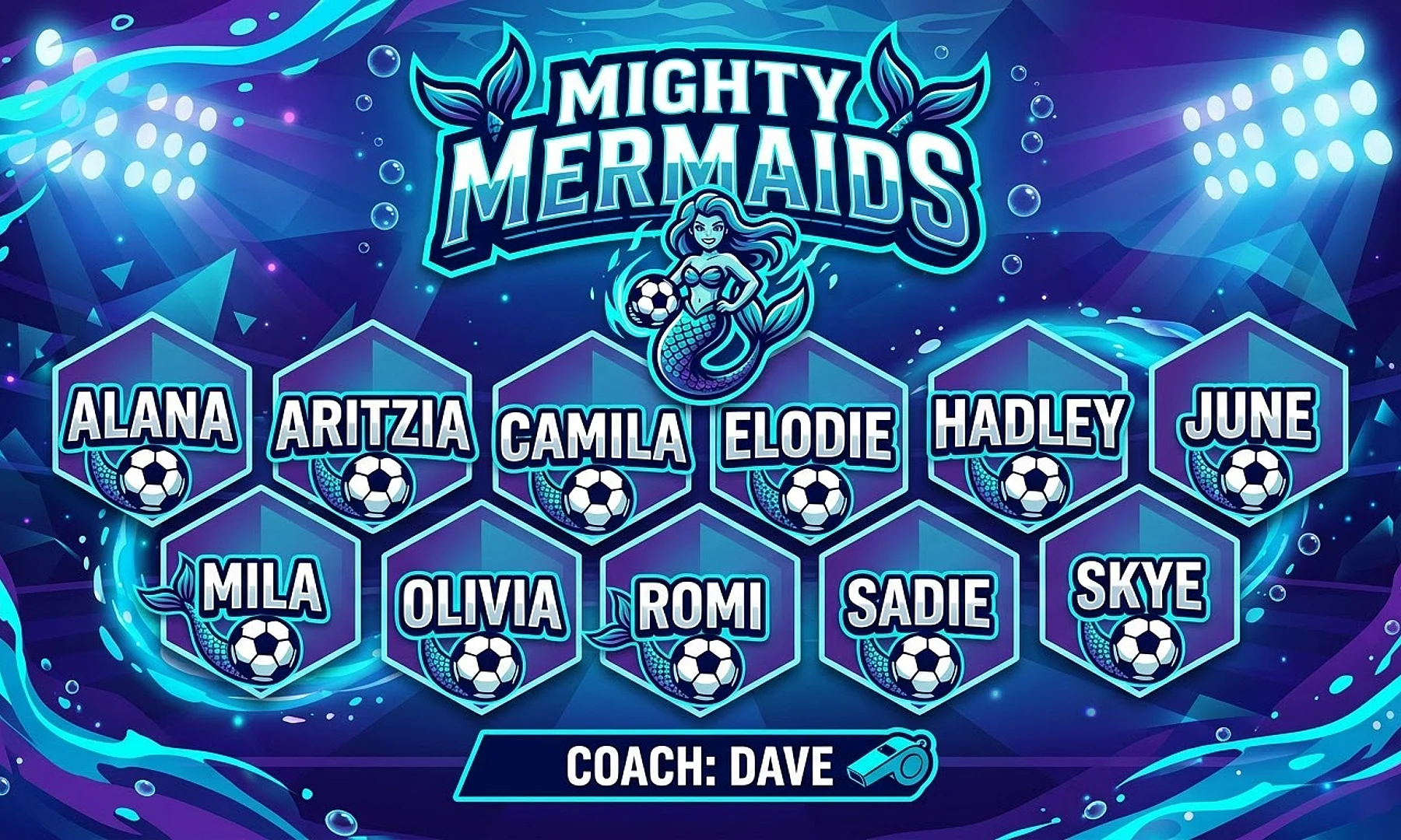 Mighty Mermaids soccer team banner created with AI