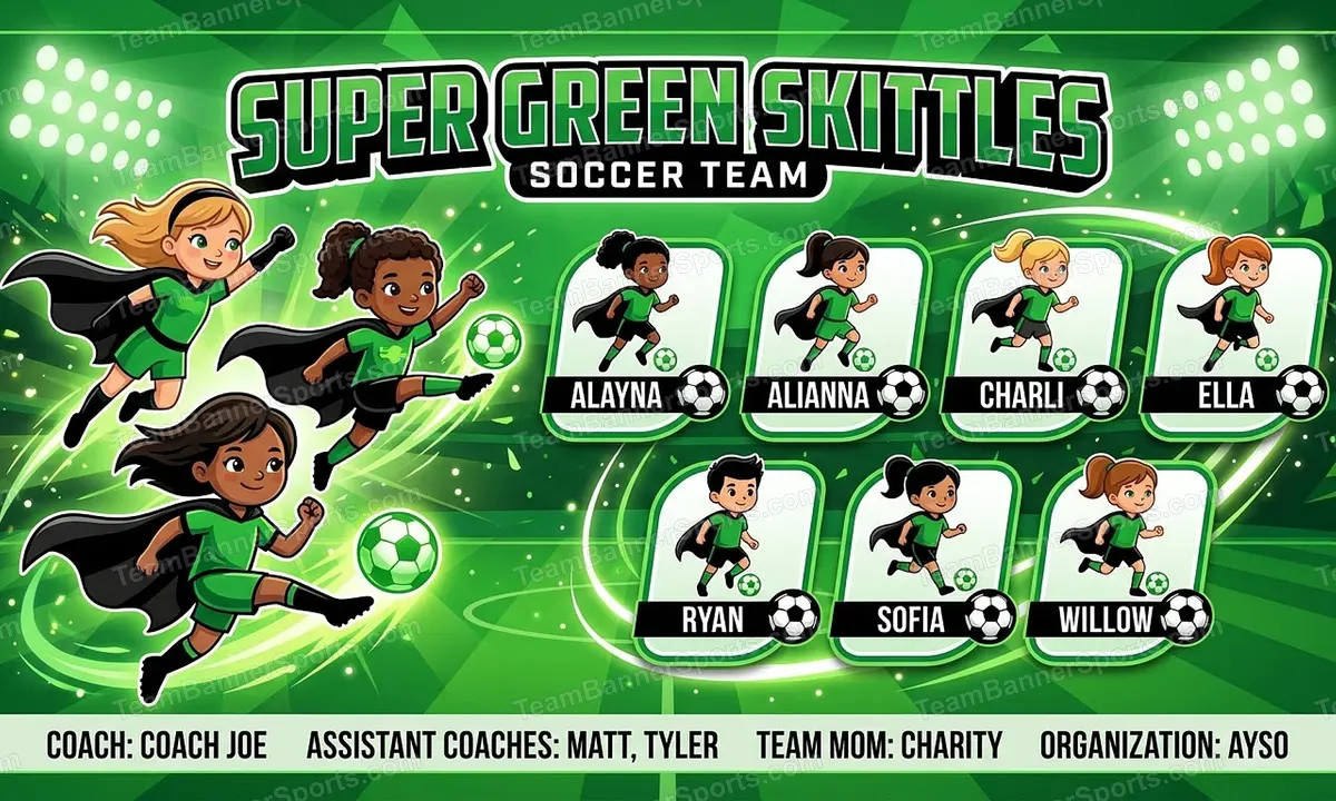 Super Green Skittles soccer team banner created with AI